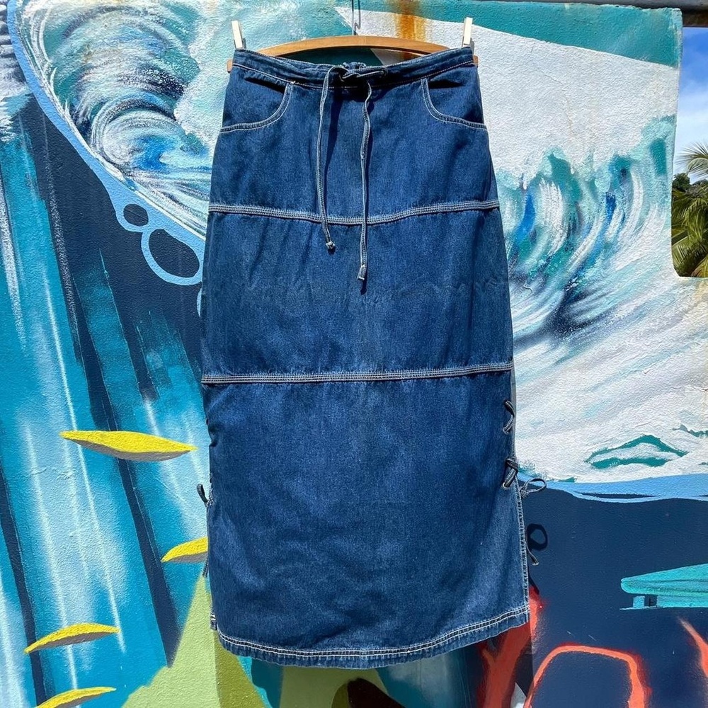 90s Details tiered denim maxi skirt w/ grommet tie sides & drawstring waist